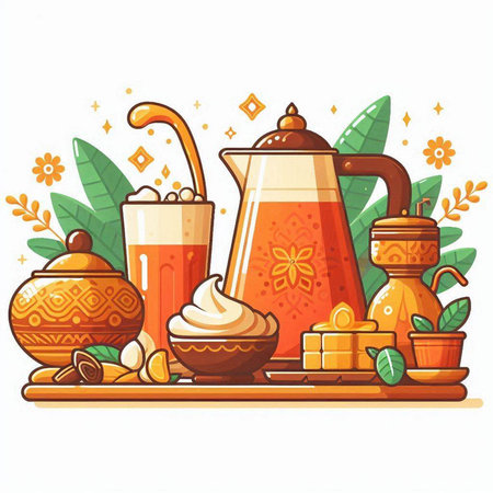 Vector illustration of traditional indian tea ceremony. Teapot, cup, teacup, sugar bowl, honey, sugar cubes and flowers.のイラスト素材