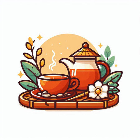 Cup of tea with teapot, flowers and leaves. Vector illustration.のイラスト素材