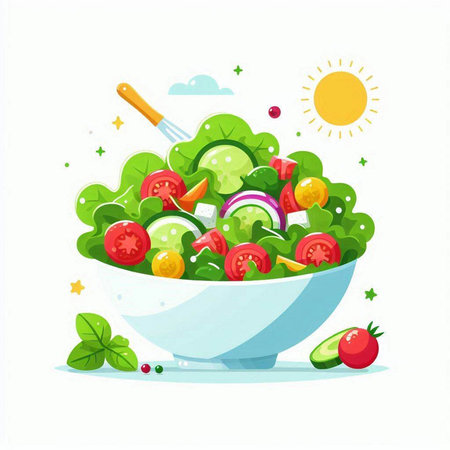 Salad in a bowl. Healthy food. Vector illustration on white background.のイラスト素材