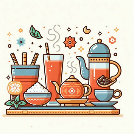 Tea time colorful flat vector illustration. Teapot, cups, saucers, teacups, tea leaves.のイラスト素材