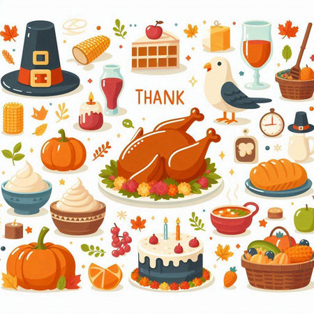 Thanksgiving day icons set with turkey, pumpkin, pie, cake, apple, cornucopia and other holiday symbols. Vector illustrationのイラスト素材