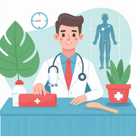 Doctor with stethoscope and first aid kit. Vector illustration.のイラスト素材