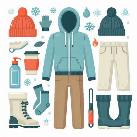 Winter clothes and accessories set. Vector illustration in flat design style.のイラスト素材