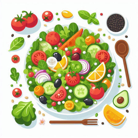Fresh vegetable salad with tomato, cucumber, onion, lettuce and olives. Vector illustrationのイラスト素材