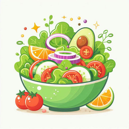 Vegetable salad in a bowl. Vector illustration in cartoon style.のイラスト素材