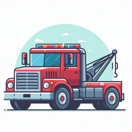 Vector illustration of a red tow truck with a crane on a white background.のイラスト素材