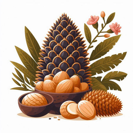 Vector illustration of hazelnuts in a bowl with leaves and flowersのイラスト素材