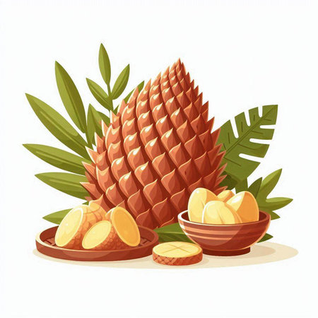 Illustration of tropical fruits and leaves. Pineapple, banana, mango, pineapple, kiwi. Vector illustration.のイラスト素材
