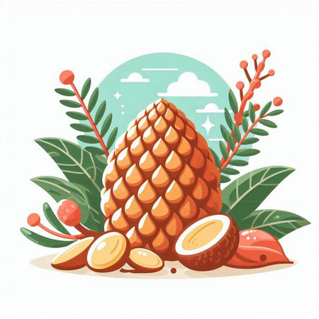 Pineapple tropical fruit with leaves and fruits. Vector illustration.のイラスト素材
