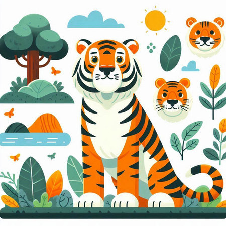 Cute tiger in the forest. Vector illustration in flat style.のイラスト素材