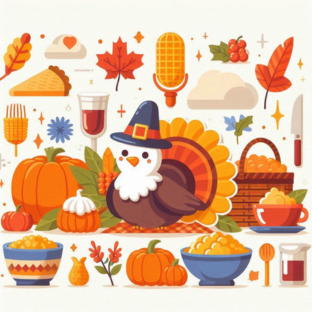 Thanksgiving day vector illustration with turkey, pumpkins, candies, cornflowers, maple leaves, candies, pumpkin pie, hat.のイラスト素材