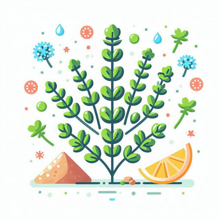 Flat design vector illustration concept of green tree with leaves, fruit, seeds, water drops on white background.のイラスト素材