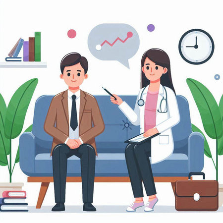 Male and female doctors sitting on sofa and discussing medical issues. Vector illustrationのイラスト素材