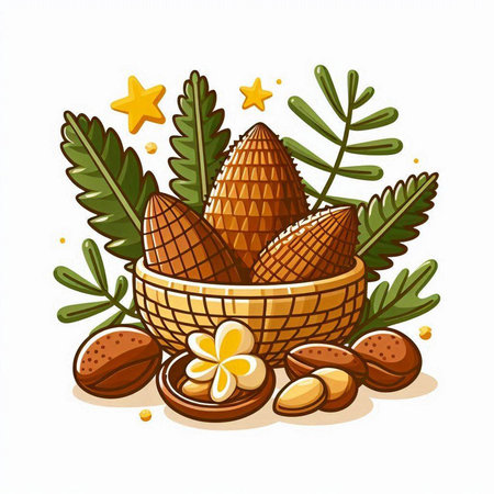 Illustration of nuts in a wicker basket. Vector illustration.のイラスト素材