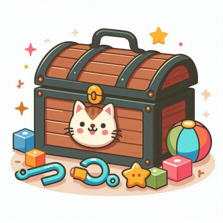 Illustration of a Cute Cartoon Cat Inside a Wooden Treasure Chestのイラスト素材