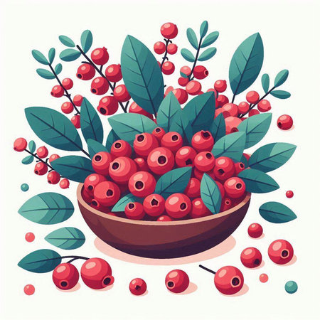 Cranberry in a bowl with leaves and berries. Vector illustration.のイラスト素材