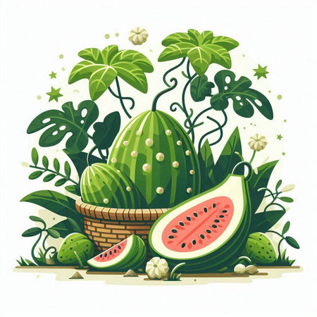 Watermelon with leaves and flowers. Vector illustration for your design.のイラスト素材