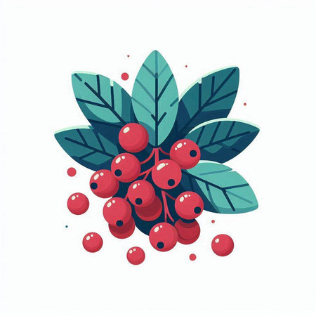 Red berries with green leaves isolated on white background. Vector illustration.のイラスト素材