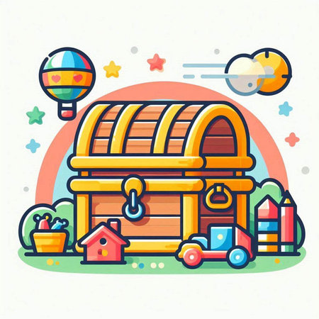 Wooden chest and toys. Colorful vector illustration in cartoon styleのイラスト素材