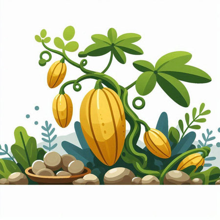 Cocoa plant with fruits and leaves. Vector cartoon illustration.のイラスト素材