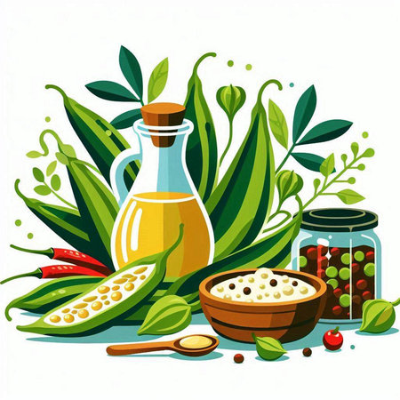 Vegetable oil in glass jar with green leaves and spices. Vector illustration.のイラスト素材