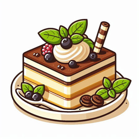 Illustration of a piece of cake decorated with mint leaves and berriesのイラスト素材