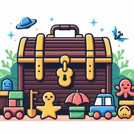 Vector illustration of a treasure chest and toys on a white background.のイラスト素材