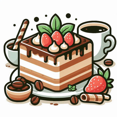 Vector illustration of a chocolate cake with strawberries and a cup of coffeeのイラスト素材