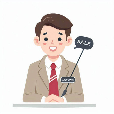 Illustration of a young businessman holding a speech bubble with a sale signのイラスト素材