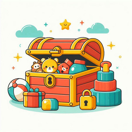 Illustration of a Cute Teddy Bear in a Treasure Chest.のイラスト素材