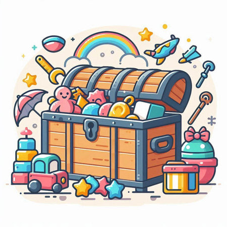 Treasure chest with toys. Vector illustration in doodle style.のイラスト素材