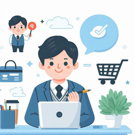 Businessman working with laptop computer, online shopping concept, vector illustrationのイラスト素材