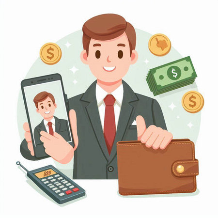 Businessman with mobile phone and wallet. Vector illustration in cartoon style.のイラスト素材
