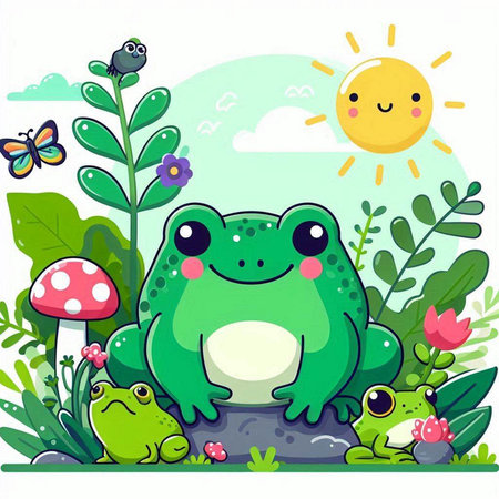 Frogs in the garden. Vector illustration of cartoon character.のイラスト素材