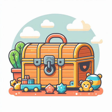 Treasure chest and toys. Vector illustration in a flat style.のイラスト素材