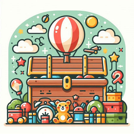 Vector illustration of a wooden chest full of toys. Flat style.のイラスト素材