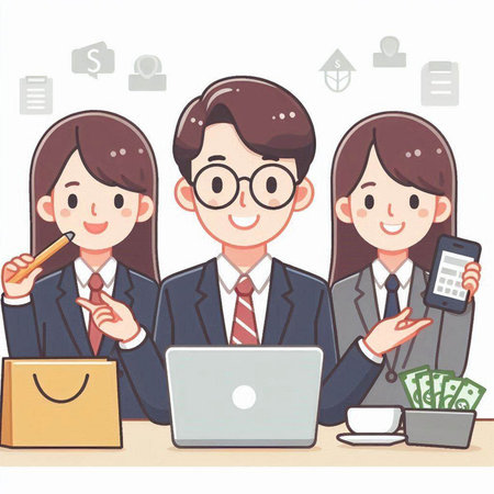 Business people working on laptop and holding a mobile phone. Vector illustration.のイラスト素材