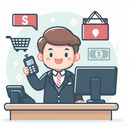 Businessman using mobile phone to pay for online shopping. Vector illustration.のイラスト素材