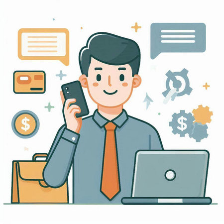 Businessman using mobile phone and laptop. Vector illustration in cartoon style.のイラスト素材