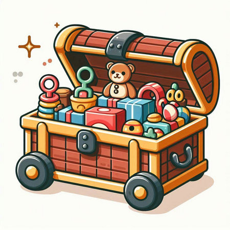 Treasure chest with toys. Cartoon vector illustration isolated on white background.のイラスト素材