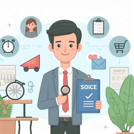 Man holding magnifying glass and clipboard with social media icons. Vector illustration.のイラスト素材