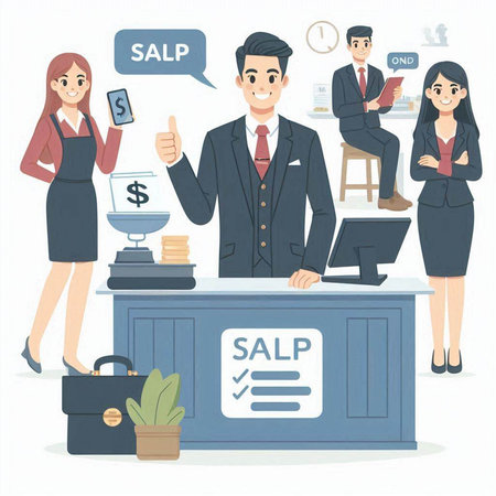 Salesman and cashier. Vector illustration in a flat style.のイラスト素材