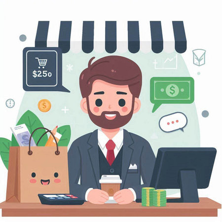 Businessman with shopping bag and computer. Vector illustration in flat styleのイラスト素材