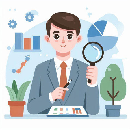 Businessman looking through a magnifying glass. Vector illustration in flat styleのイラスト素材