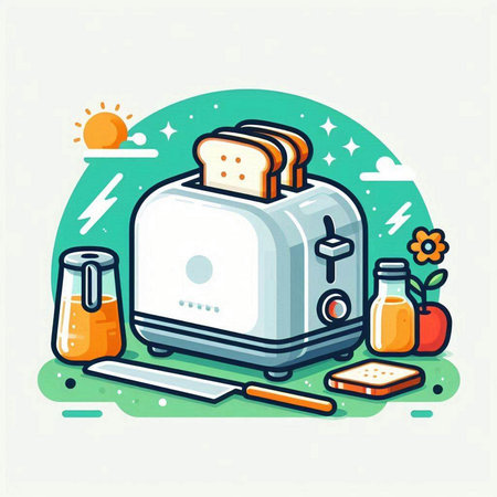 Vector illustration of toaster with toasts, juice and fruits.のイラスト素材