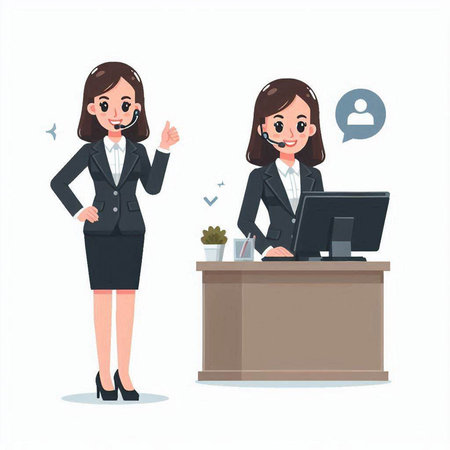 Businesswoman talking on the phone. Call center. Vector illustration.のイラスト素材