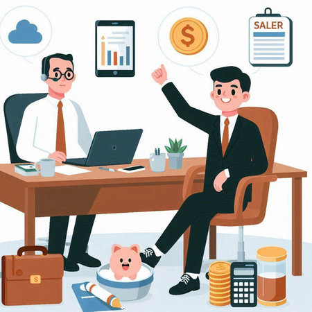 Businessman sitting at office desk with laptop and piggy bank. Vector illustrationのイラスト素材