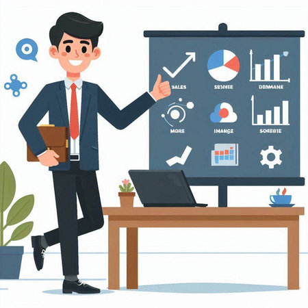 Businessman working in the office. Vector illustration of a flat design.のイラスト素材