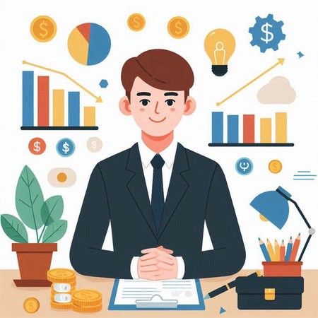 Businessman sitting at office desk with financial charts and graphs, vector illustrationのイラスト素材