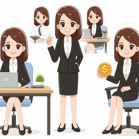 Business woman cartoon character set. Cute businesswoman vector illustration.のイラスト素材